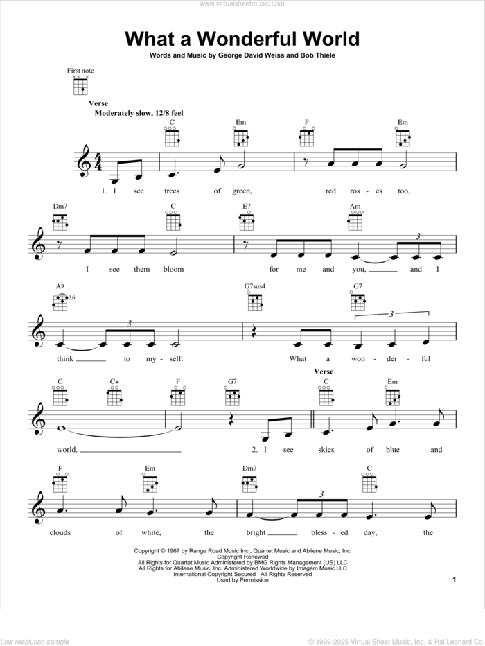 What A Wonderful World sheet music for ukulele by Louis Armstrong, Louis Armstrong with Kenny G., Rod Stewart feat. Stevie Wonder, Bob Thiele and George David Weiss, intermediate skill level