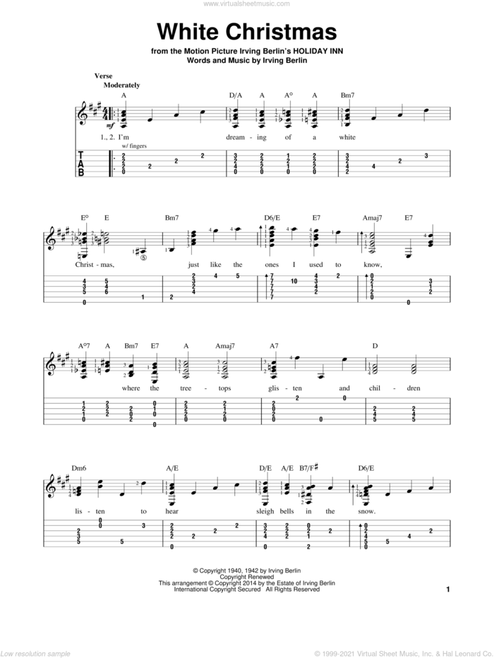 White Christmas sheet music for guitar solo (easy tablature) by Irving Berlin, Dave Koz & Kelly Sweet, Garth Brooks, Martina McBride, Michael Buble duet with Shania Twain, Rascal Flatts and Taylor Swift, easy guitar (easy tablature)