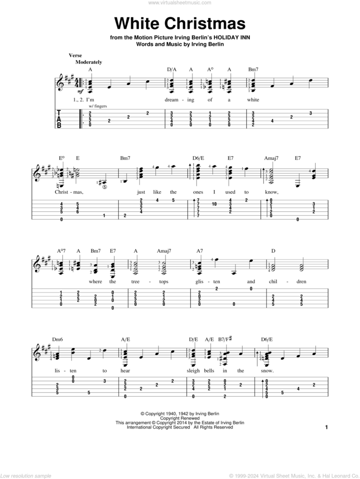 White Christmas sheet music for guitar solo (easy tablature) by Irving Berlin, Dave Koz & Kelly Sweet, Garth Brooks, Martina McBride, Michael Buble duet with Shania Twain, Rascal Flatts and Taylor Swift, easy guitar (easy tablature)