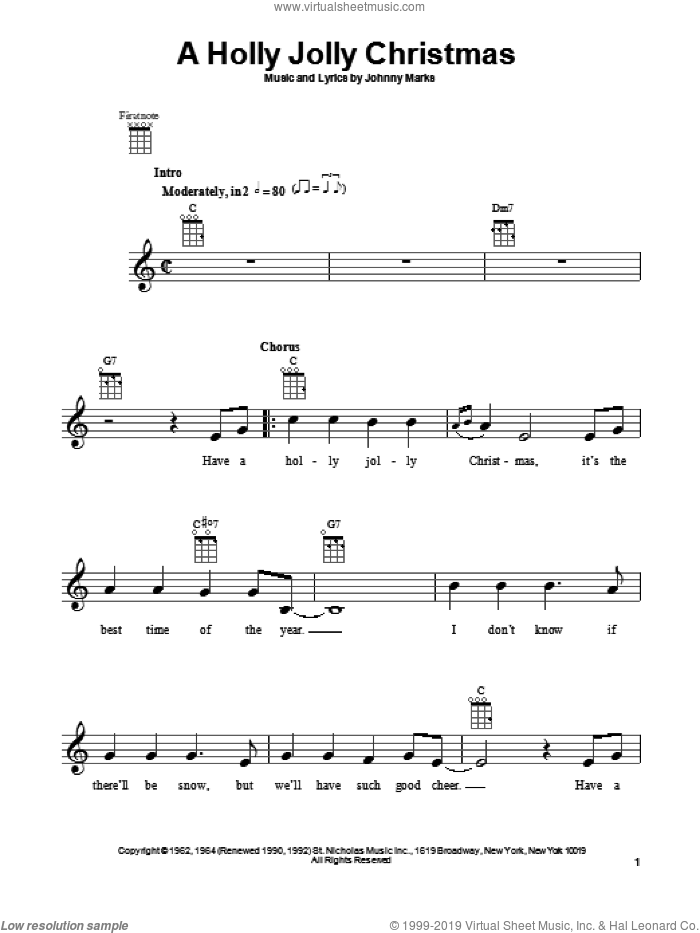 A Holly Jolly Christmas sheet music for ukulele by Johnny Marks, intermediate skill level