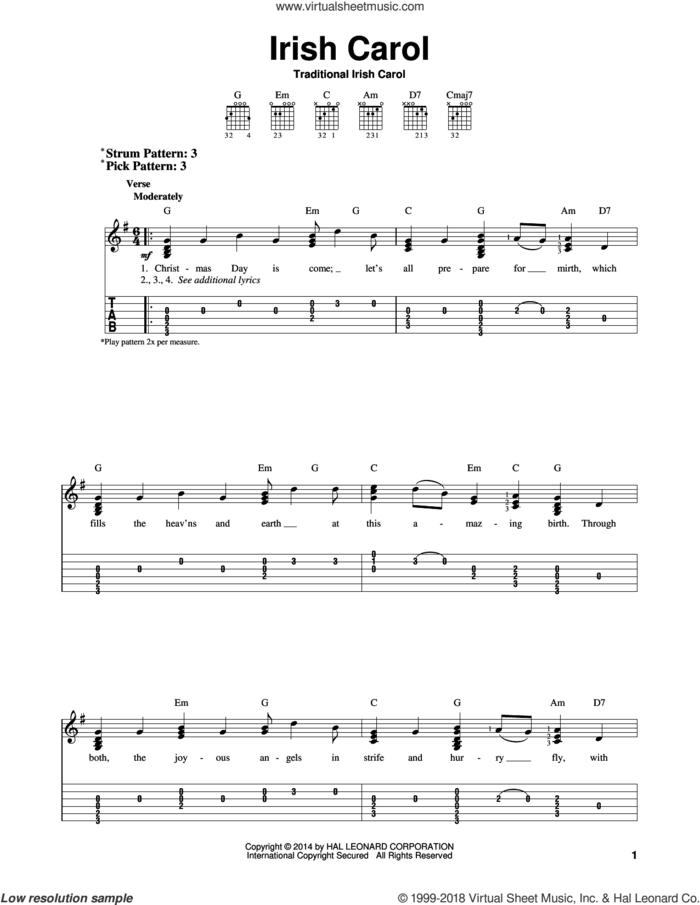Irish Carol sheet music for guitar solo (easy tablature), easy guitar (easy tablature)