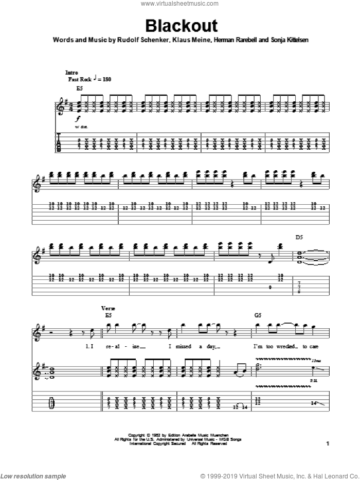 Blackout sheet music for guitar (tablature, play-along) by Scorpions, Herman Rarebell, Klaus Meine, Rudolf Schenker and Sonja Kittelsen, intermediate skill level