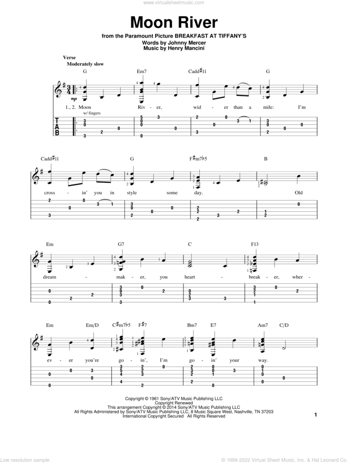 Moon River sheet music for guitar solo (easy tablature) by Henry Mancini, Andy Williams and Johnny Mercer, wedding score, easy guitar (easy tablature)