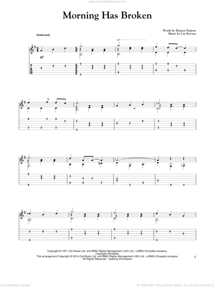 Morning Has Broken sheet music for guitar solo by Cat Stevens and Eleanor Farjeon, intermediate skill level