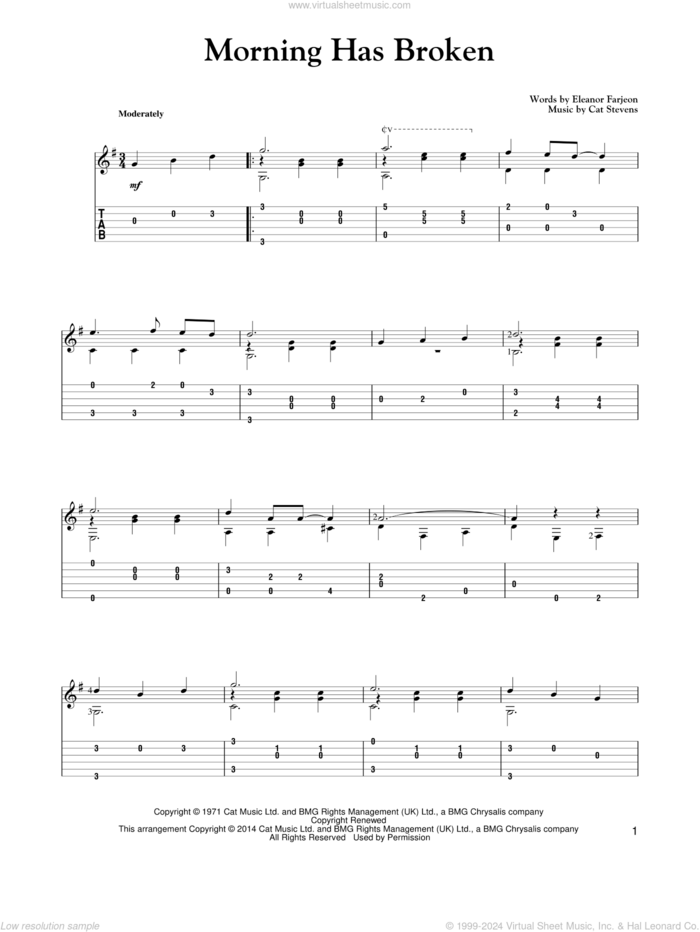 Morning Has Broken sheet music for guitar solo by Cat Stevens and Eleanor Farjeon, intermediate skill level