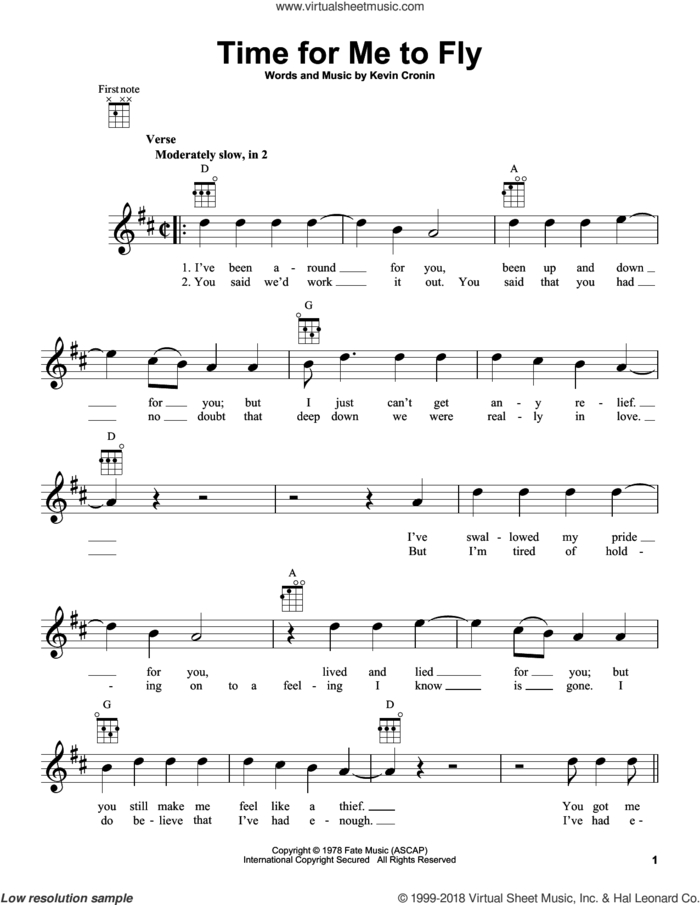 Time For Me To Fly sheet music for ukulele by REO Speedwagon and Kevin Cronin, intermediate skill level