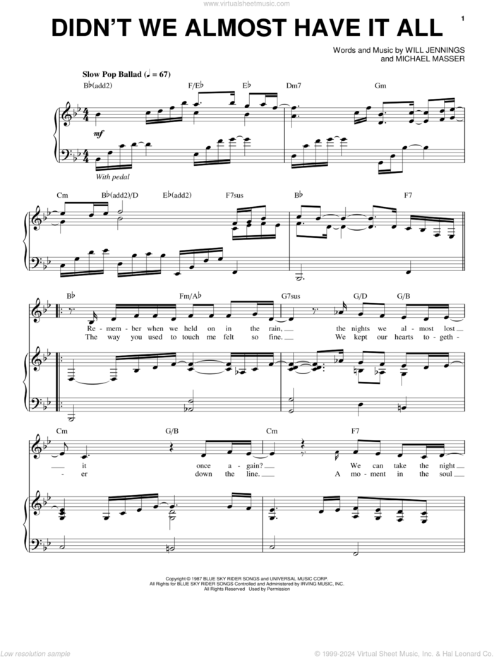 Didn't We Almost Have It All sheet music for voice and piano by Whitney Houston, Michael Masser and Will Jennings, intermediate skill level