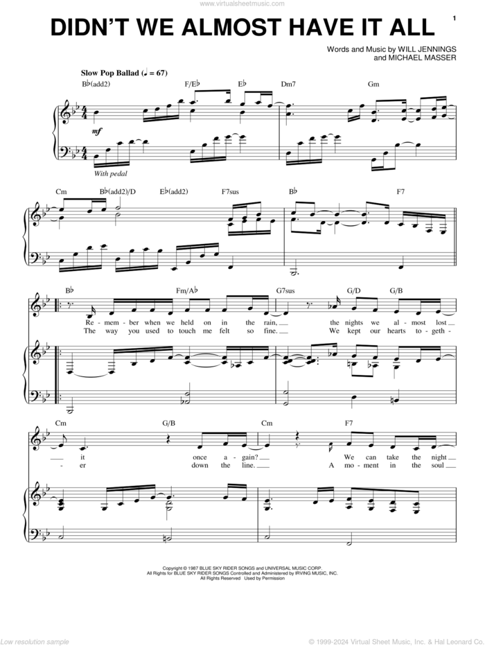 Didn't We Almost Have It All sheet music for voice and piano by Whitney Houston, Michael Masser and Will Jennings, intermediate skill level