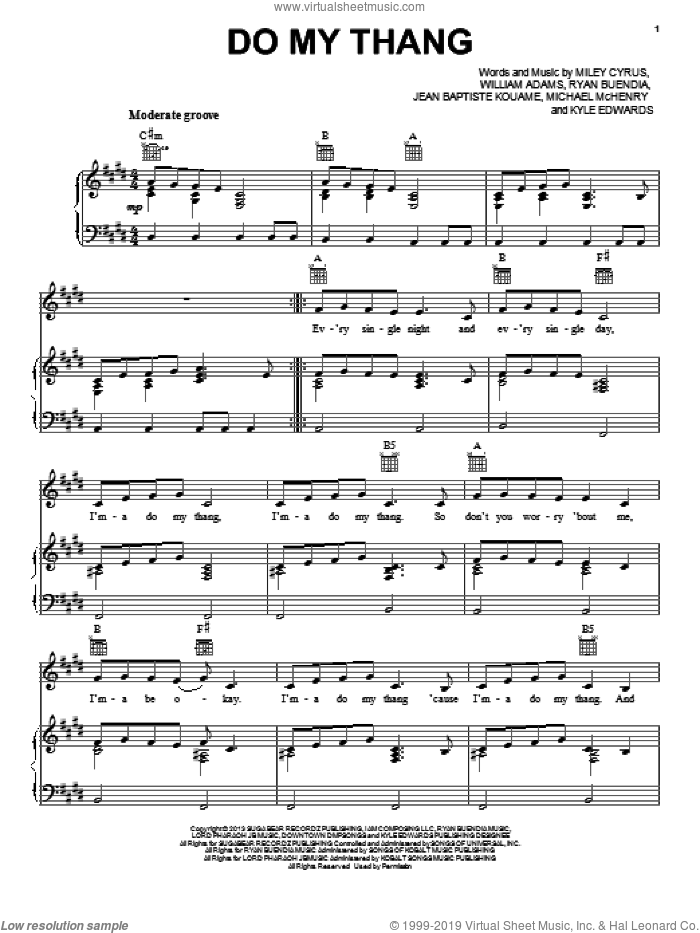 Do My Thang sheet music for voice, piano or guitar by Miley Cyrus, Jean Baptiste Kouame, Kyle Edwards, Michael McHenry, Ryan Buendia and Will Adams, intermediate skill level