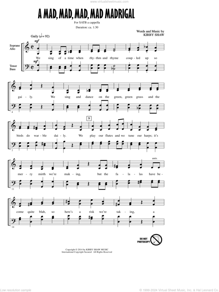 A Mad, Mad, Mad, Mad, Madrigal sheet music for choir (SATB: soprano, alto, tenor, bass) by Kirby Shaw, intermediate skill level