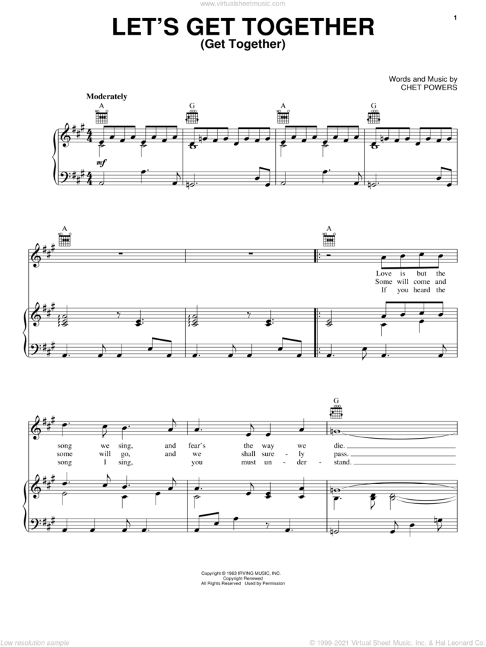 Let's Get Together sheet music for voice, piano or guitar by Jefferson Airplane, The Youngbloods and Chet Powers, intermediate skill level