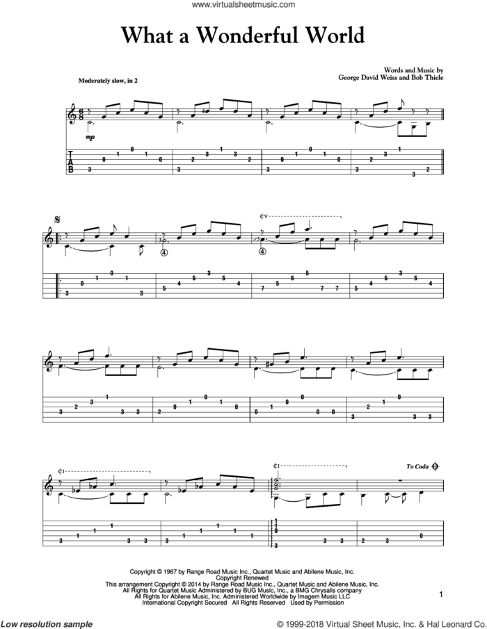 What A Wonderful World sheet music for guitar solo by Louis Armstrong, Louis Armstrong with Kenny G., Rod Stewart feat. Stevie Wonder, Bob Thiele and George David Weiss, intermediate skill level