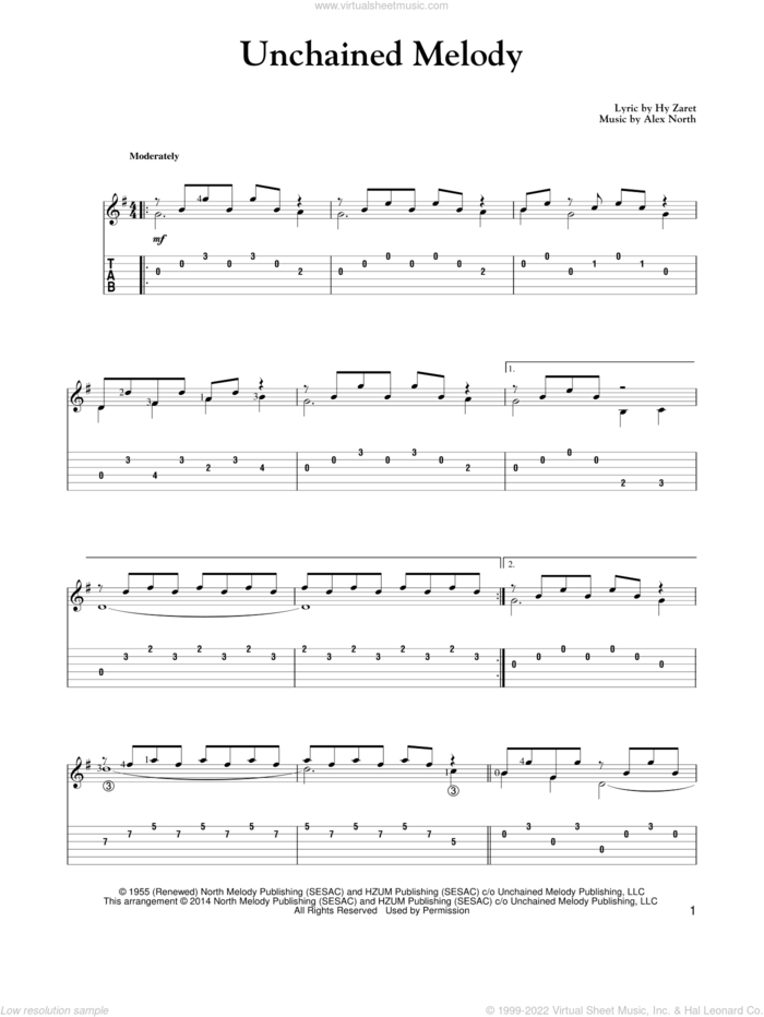 Unchained Melody sheet music for guitar solo by The Righteous Brothers, Al Hibbler, Barry Manilow, Elvis Presley, Les Baxter, Alex North and Hy Zaret, wedding score, intermediate skill level