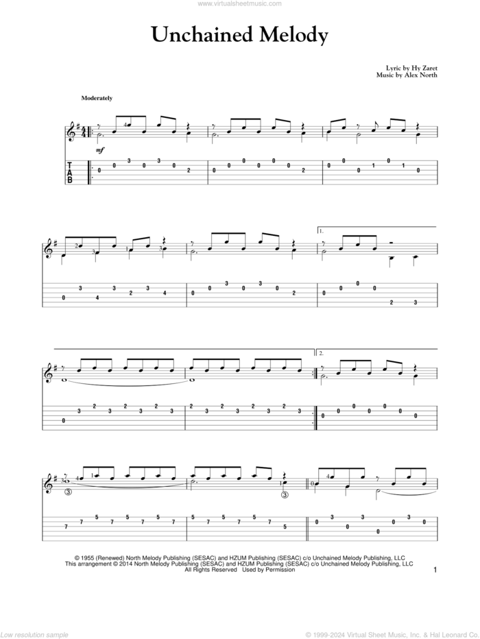 Unchained Melody sheet music for guitar solo by The Righteous Brothers, Al Hibbler, Barry Manilow, Elvis Presley, Les Baxter, Alex North and Hy Zaret, wedding score, intermediate skill level