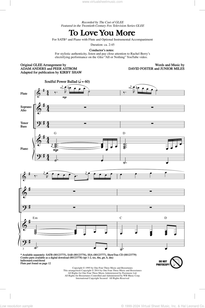 To Love You More sheet music for choir (SATB: soprano, alto, tenor, bass) by Kirby Shaw, Celine Dion, David Foster, Glee Cast and Junior Miles, intermediate skill level