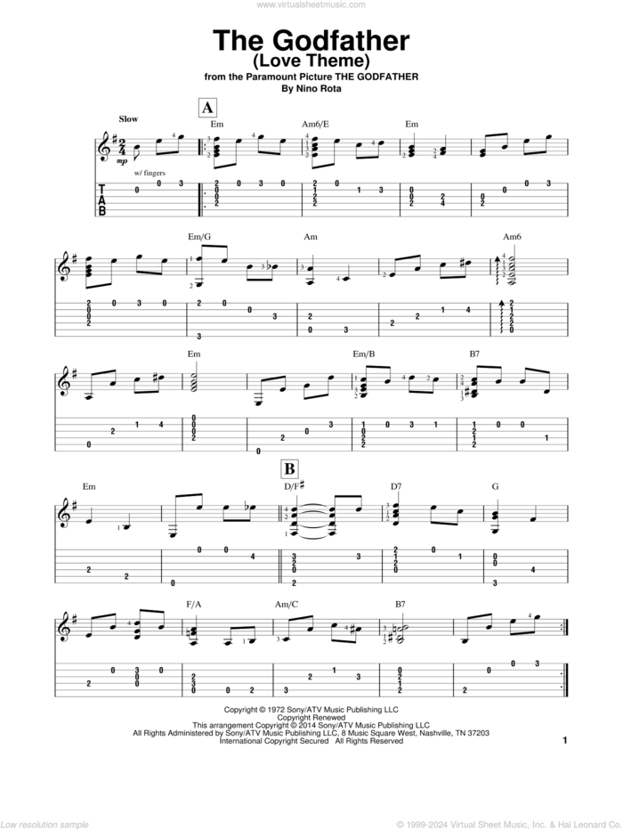 The Godfather (Love Theme), (easy) (Love Theme) sheet music for guitar solo (easy tablature) by Nino Rota, easy guitar (easy tablature)