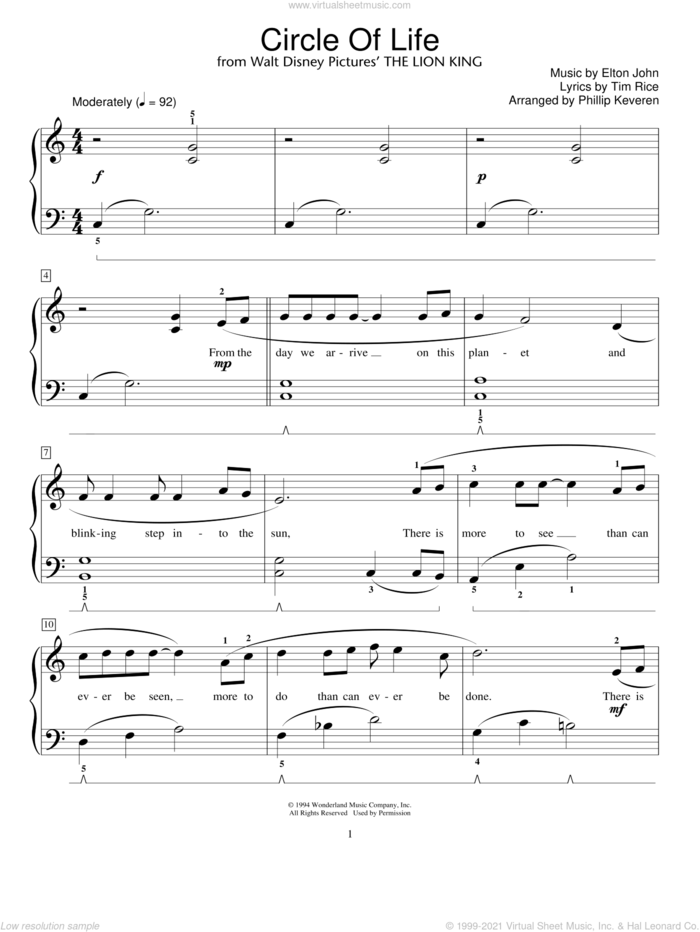 Circle Of Life (from The Lion King) (arr. Phillip Keveren) sheet music for piano solo (elementary) by Elton John, Phillip Keveren, Miscellaneous, The Lion King and Tim Rice, beginner piano (elementary)