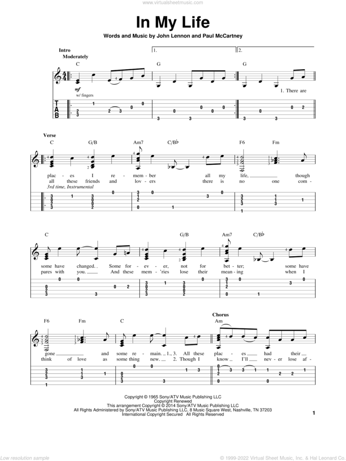 In My Life sheet music for guitar solo (easy tablature) by The Beatles, John Lennon and Paul McCartney, wedding score, easy guitar (easy tablature)