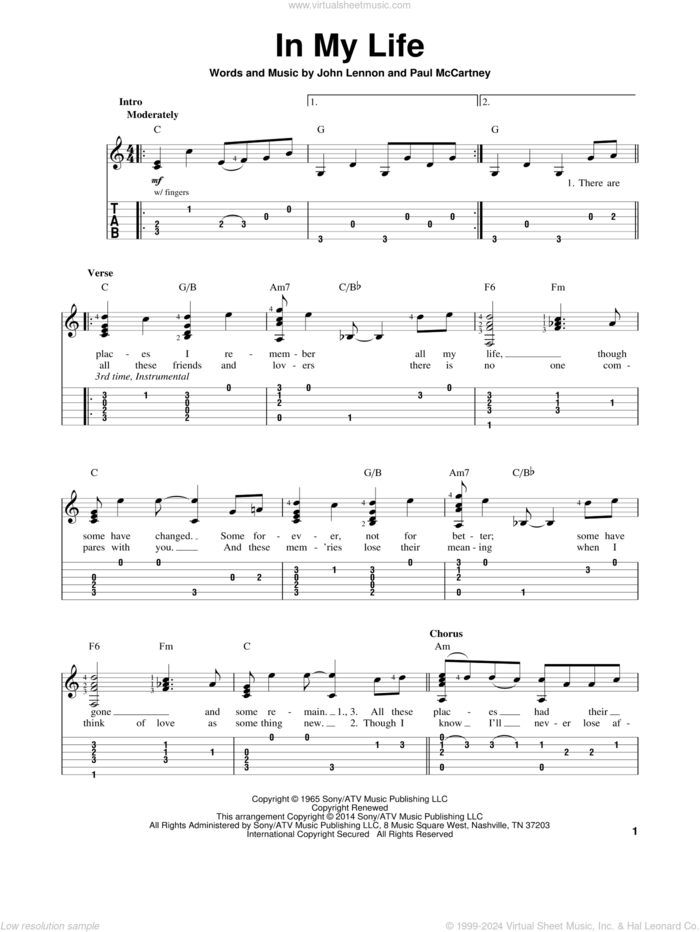 In My Life sheet music for guitar solo (easy tablature) by The Beatles, John Lennon and Paul McCartney, wedding score, easy guitar (easy tablature)