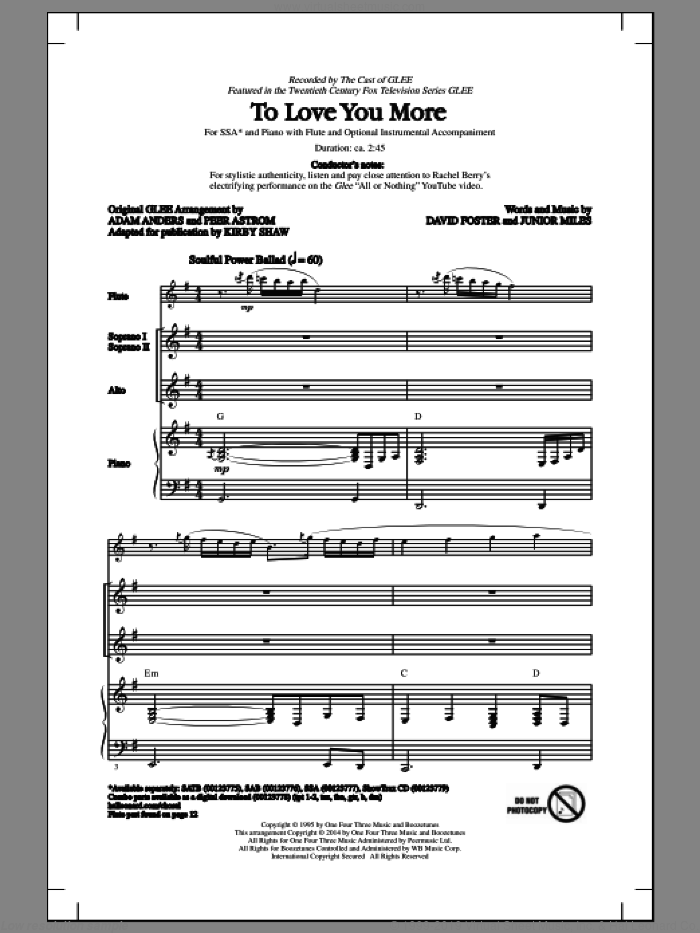 To Love You More sheet music for choir (SSA: soprano, alto) by Kirby Shaw, Celine Dion, David Foster, Glee Cast and Junior Miles, intermediate skill level