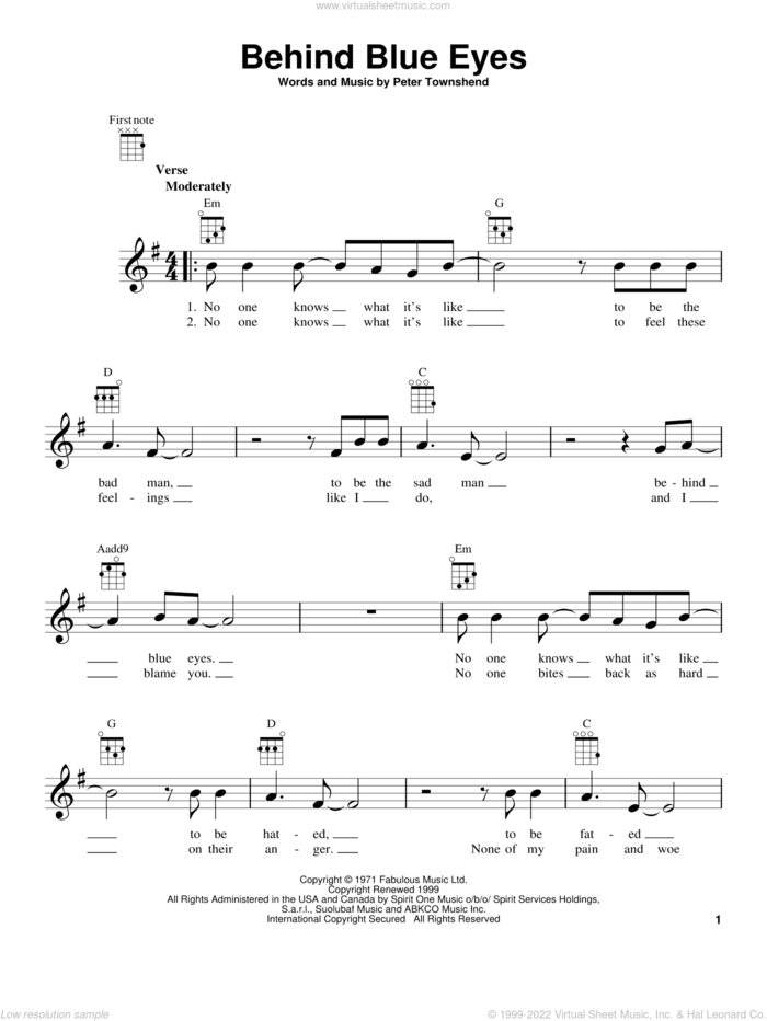 Behind Blue Eyes sheet music for ukulele by The Who, Limp Bizkit and Pete Townshend, intermediate skill level
