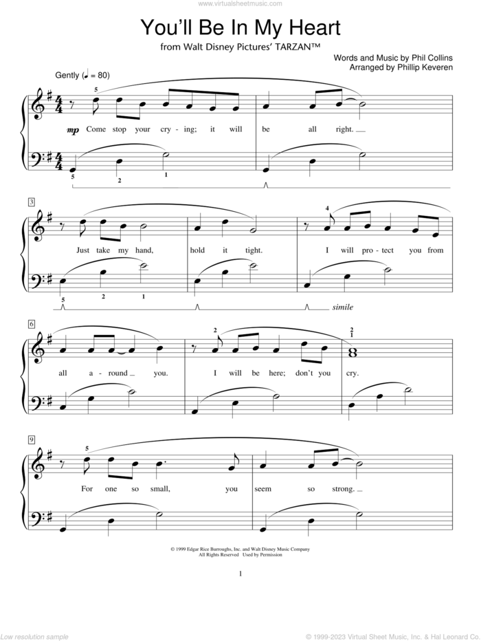 You'll Be In My Heart (from Tarzan) (arr. Phillip Keveren) sheet music for piano solo (elementary) by Phil Collins, Phillip Keveren and Miscellaneous, beginner piano (elementary)