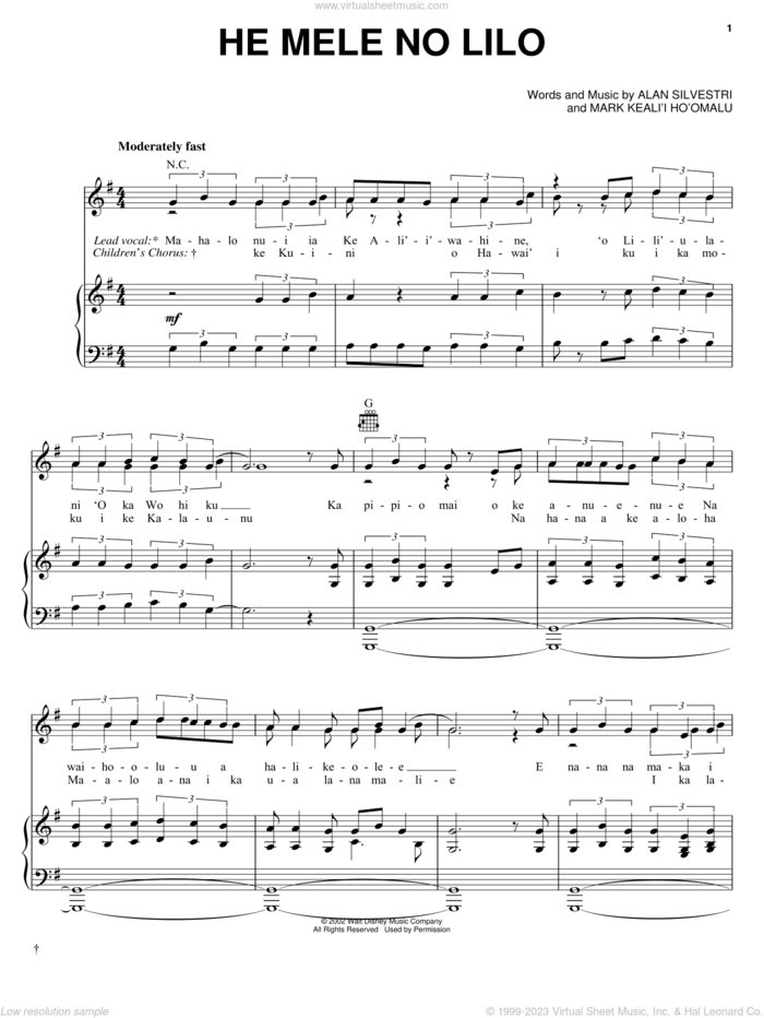 He Mele No Lilo (from Lilo and Stitch) sheet music for voice, piano or guitar by Alan Silvestri and Lilo & Stitch (Movie), intermediate skill level