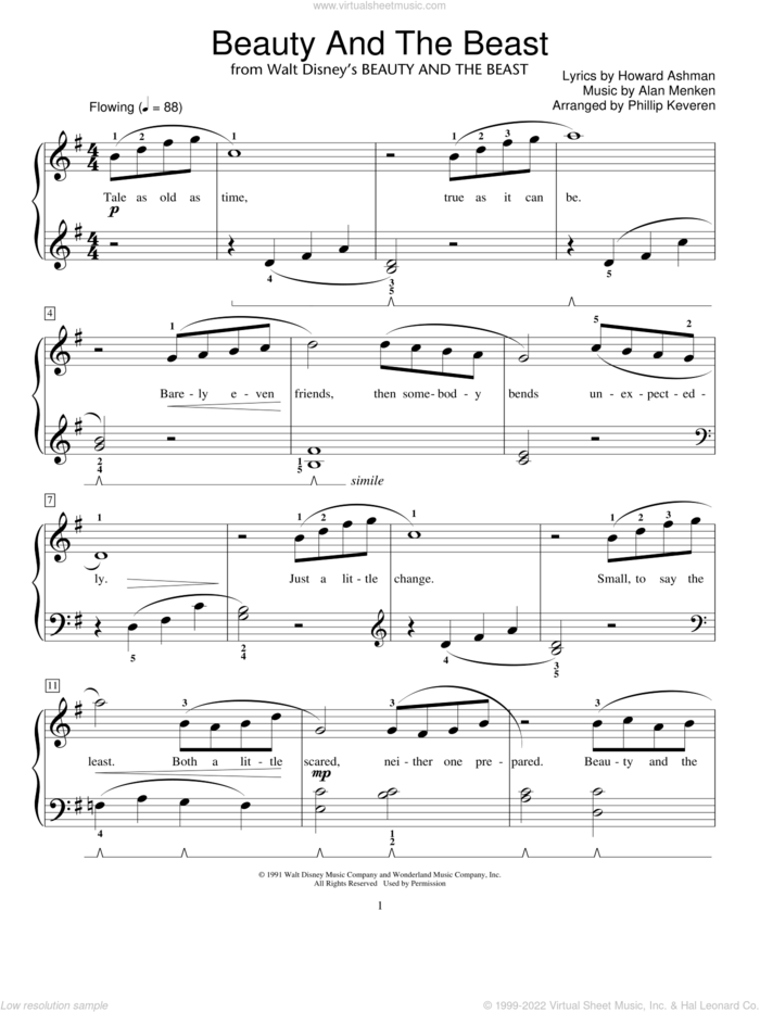 Beauty And The Beast (arr. Phillip Keveren) sheet music for piano solo (elementary) by Alan Menken, Phillip Keveren, Beauty And The Beast, Miscellaneous, Alan Menken & Howard Ashman and Howard Ashman, beginner piano (elementary)