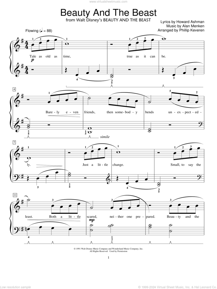 Beauty And The Beast (arr. Phillip Keveren) sheet music for piano solo (elementary) by Alan Menken, Phillip Keveren, Beauty And The Beast, Miscellaneous, Alan Menken & Howard Ashman and Howard Ashman, wedding score, beginner piano (elementary)