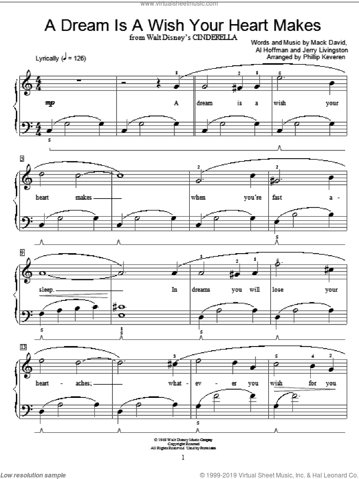 A Dream Is A Wish Your Heart Makes (from Cinderella) (arr. Phillip Keveren) sheet music for piano solo (elementary) by Ilene Woods, Phillip Keveren, Linda Ronstadt, Miscellaneous, Al Hoffman, Jerry Livingston and Mack David, wedding score, beginner piano (elementary)