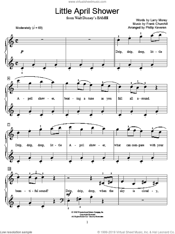 Little April Shower (arr. Phillip Keveren) sheet music for piano solo (elementary) by Frank Churchill, Phillip Keveren, Miscellaneous and Larry Morey, beginner piano (elementary)