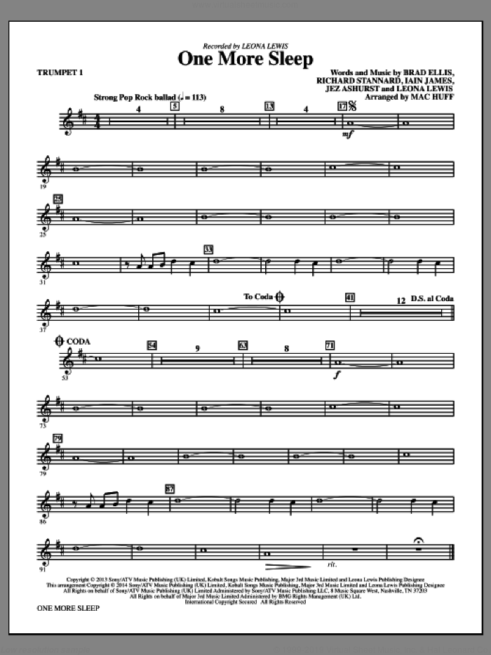 One More Sleep (complete set of parts) sheet music for orchestra/band by Mac Huff, Brad Ellis, Iain James, Jez Ashurst, Leona Louise Lewis and Richard Stannard, intermediate skill level