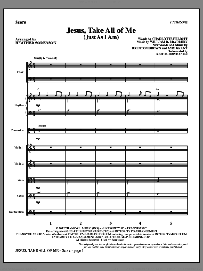 Jesus, Take All of Me (COMPLETE) sheet music for orchestra/band by Heather Sorenson, Amy Grant, Brenton Brown, Charlotte Elliott and William B. Bradbury, intermediate skill level