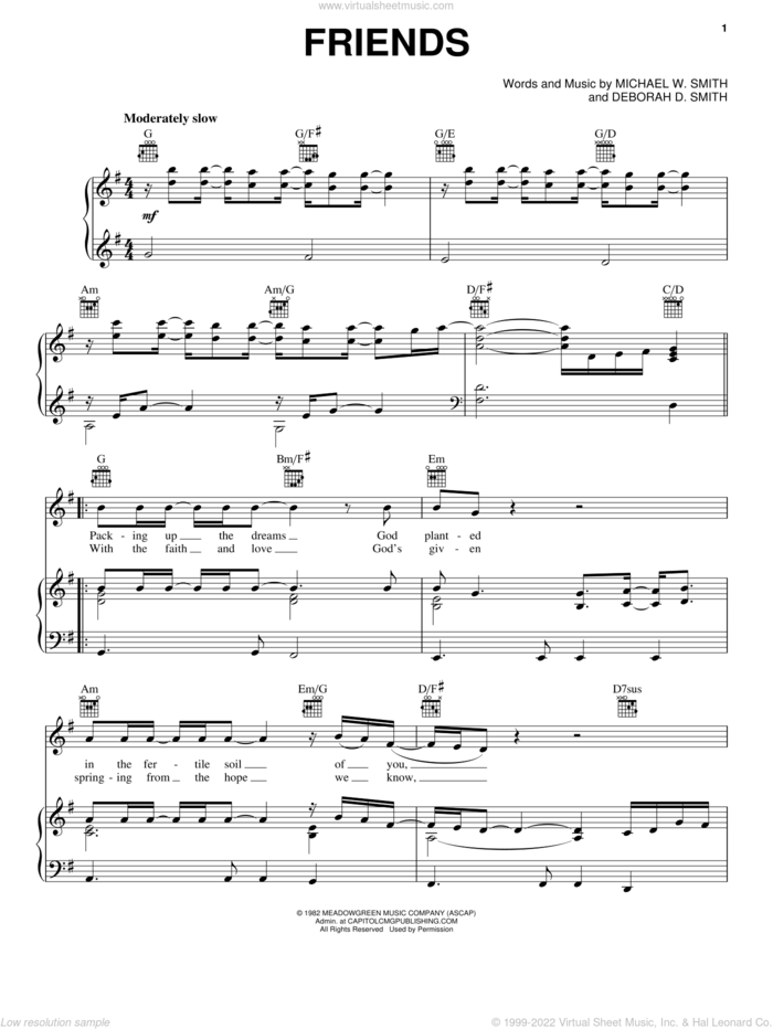 Friends sheet music for voice, piano or guitar by Michael W. Smith and Deborah D. Smith, intermediate skill level