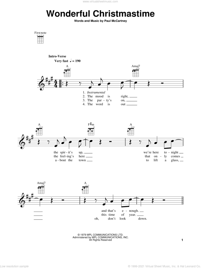 Wonderful Christmastime sheet music for ukulele by Paul McCartney and Straight No Chaser featuring Paul McCartney, intermediate skill level