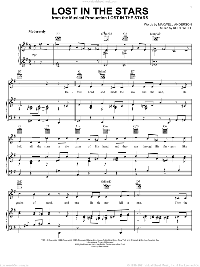 Lost In The Stars sheet music for voice, piano or guitar by Frank Sinatra, Tony Bennett, Kurt Weill and Maxwell Anderson, intermediate skill level