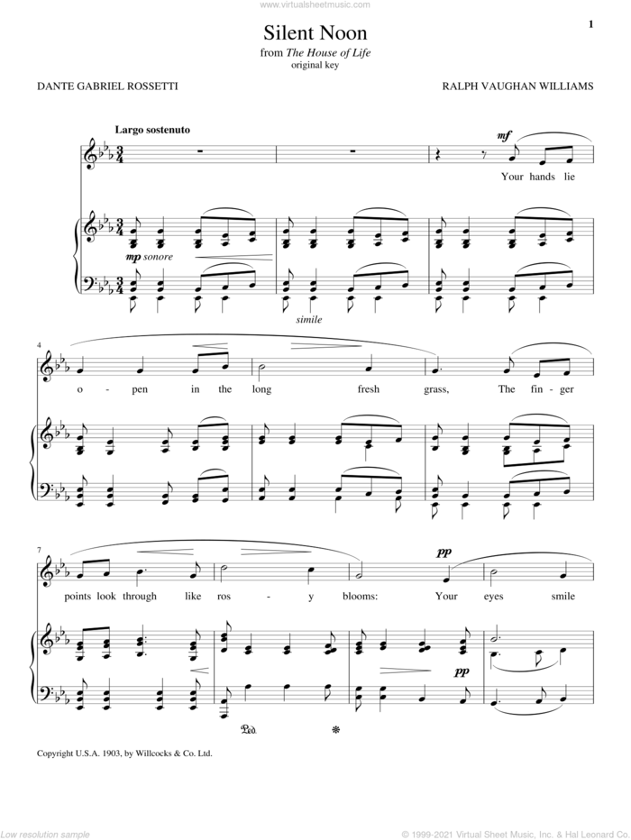 Silent Noon (Vaughan Williams) sheet music for voice and piano by Ralph Vaughan Williams and Dante Gabriel Rossetti, classical score, intermediate skill level
