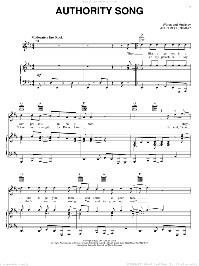 Authority Song sheet music for voice, piano or guitar by John Mellencamp, intermediate skill level