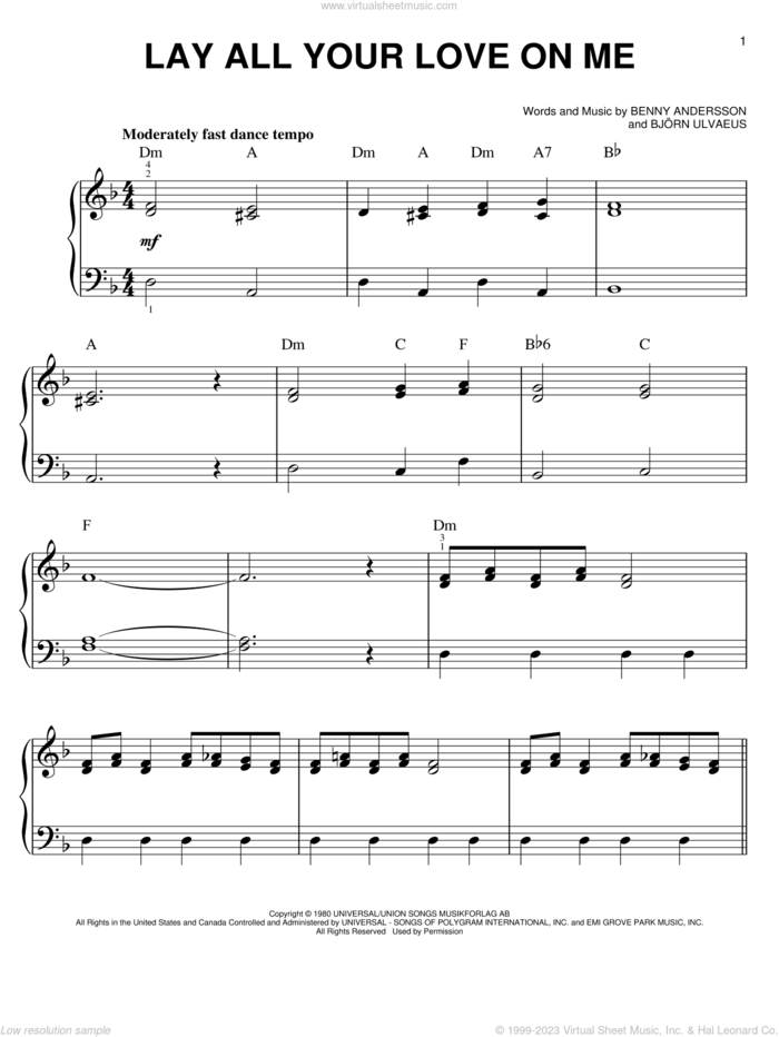 Lay All Your Love On Me, (easy) sheet music for piano solo by ABBA, Mamma Mia! (Movie), Benny Andersson and Bjorn Ulvaeus, easy skill level