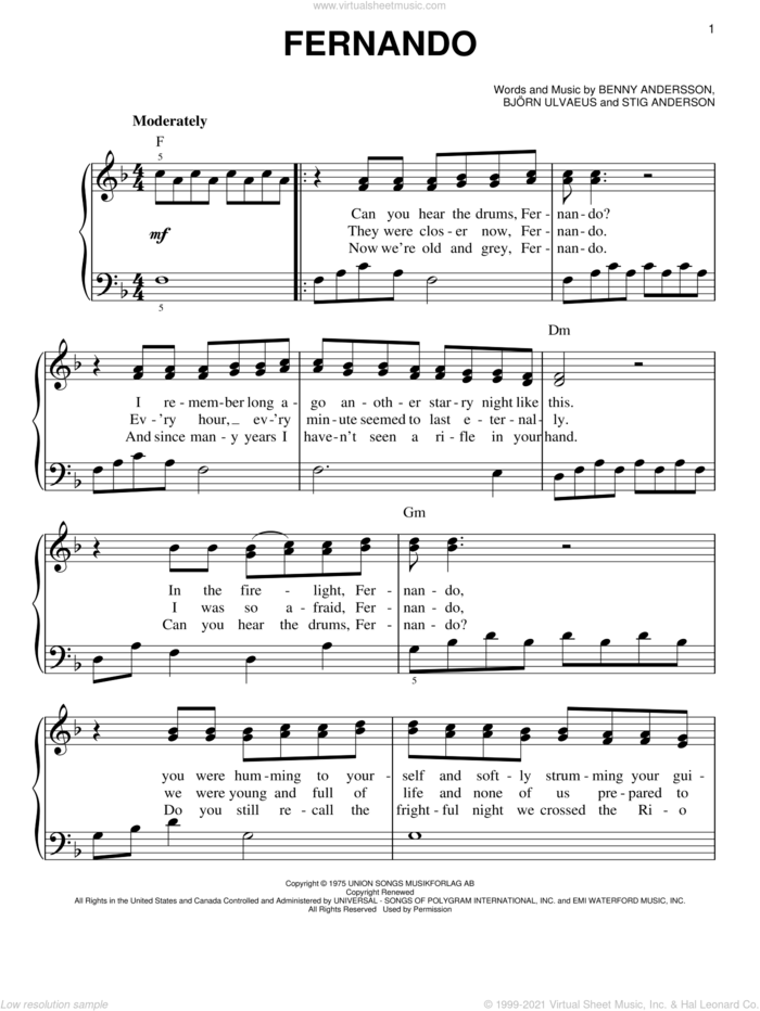 Fernando, (easy) sheet music for piano solo by ABBA, Benny Andersson, Bjorn Ulvaeus and Stig Anderson, easy skill level