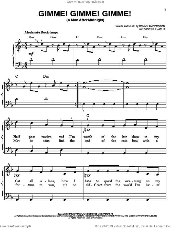 Gimme! Gimme! Gimme! (A Man After Midnight) sheet music for piano solo by ABBA, Mamma Mia! (Movie), Benny Andersson and Bjorn Ulvaeus, easy skill level