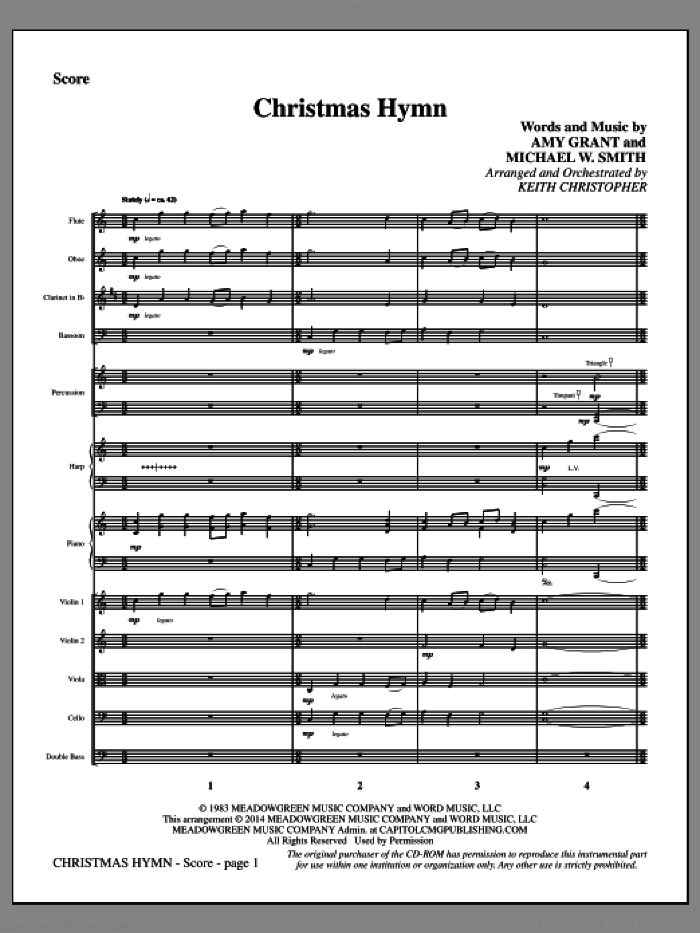 Christmas Hymn (COMPLETE) sheet music for orchestra/band by Michael W. Smith, Amy Grant and Keith Christopher, intermediate skill level