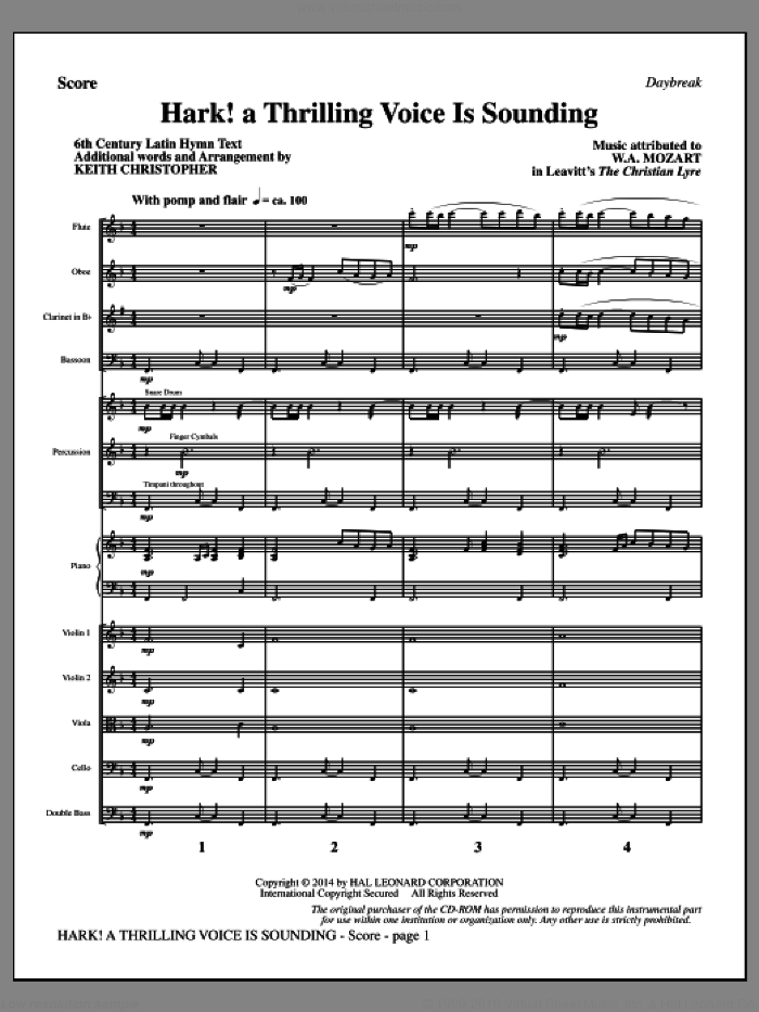 Hark! A Thrilling Voice Is Sounding (COMPLETE) sheet music for orchestra/band by Keith Christopher, 6th Century Latin and Wolfgang A. Mozart, intermediate skill level