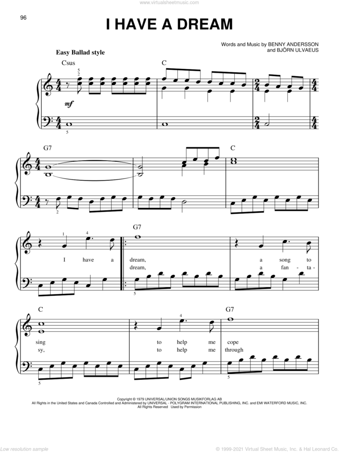 I Have A Dream, (easy) sheet music for piano solo by ABBA, Mamma Mia! (Movie), Benny Andersson and Bjorn Ulvaeus, easy skill level