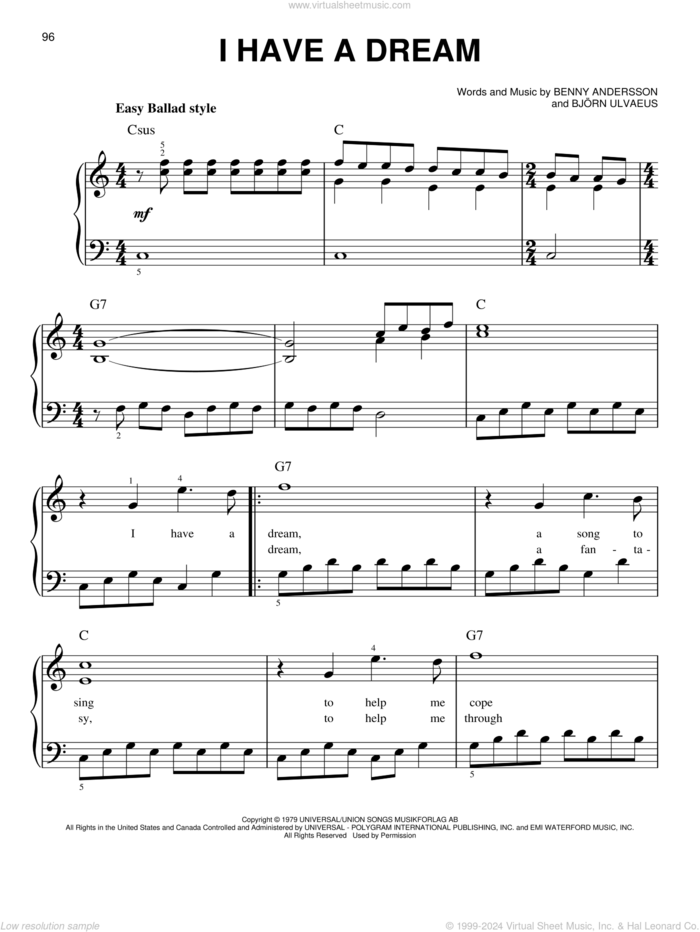 I Have A Dream, (easy) sheet music for piano solo by ABBA, Mamma Mia! (Movie), Benny Andersson and Bjorn Ulvaeus, easy skill level