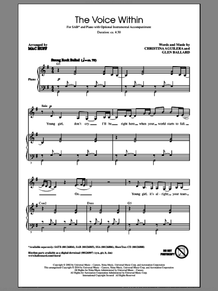 The Voice Within sheet music for choir (SAB: soprano, alto, bass) by Mac Huff, Christina Aguilera and Glen Ballard, intermediate skill level