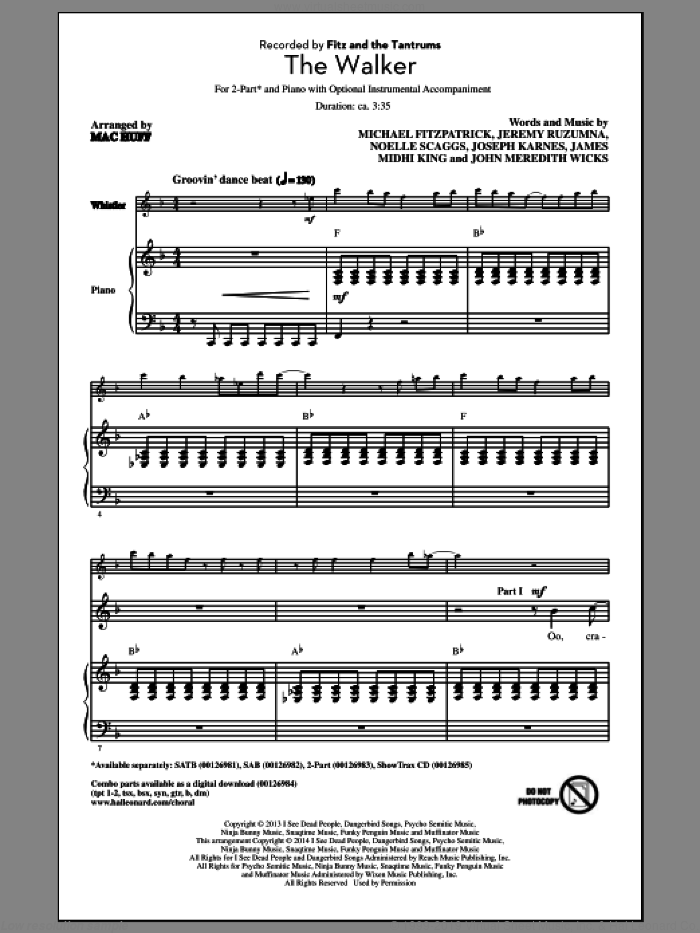 The Walker sheet music for choir (2-Part) by Mac Huff, Fitz And The Tantrums, James Midhi King, Jeremy Ruzumna, John Meredith Wicks, Joseph Karnes, Michael Fitzpatrick and Noelle Scaggs, intermediate duet