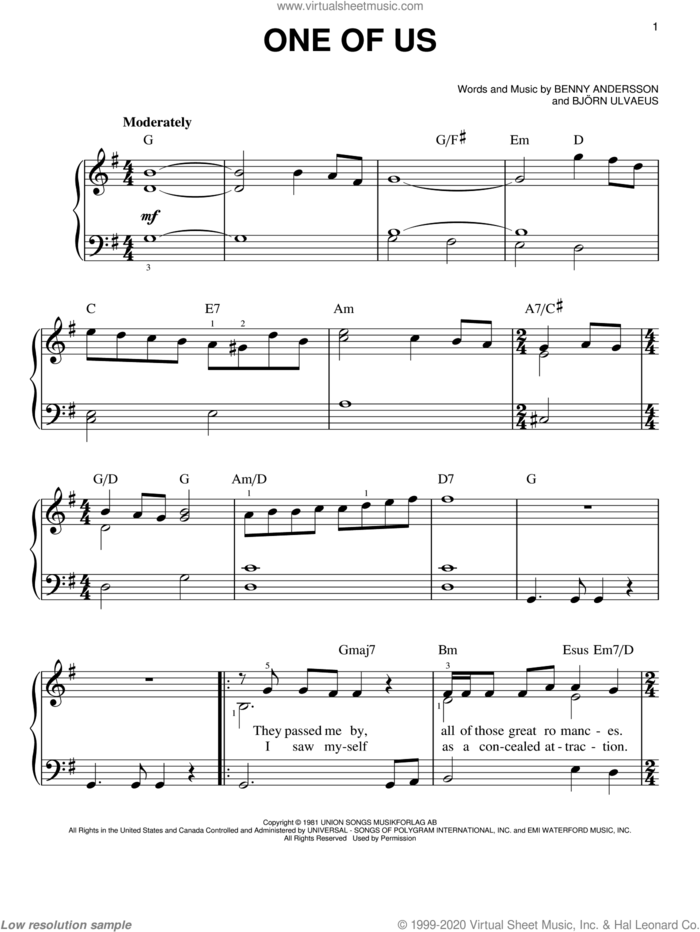 One Of Us, (easy) sheet music for piano solo by ABBA, Benny Andersson and Bjorn Ulvaeus, easy skill level