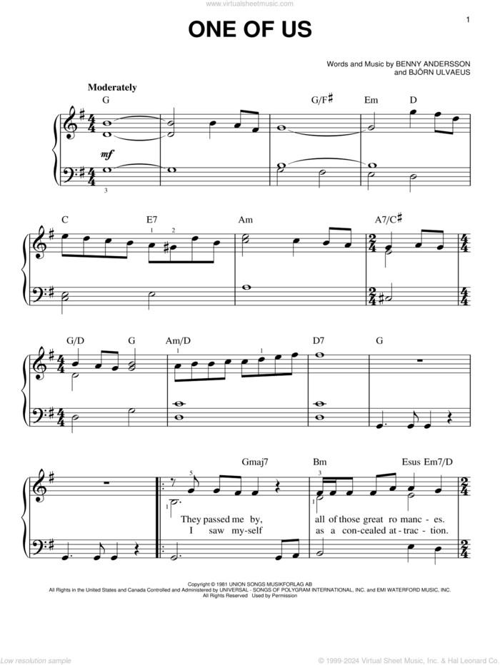 One Of Us sheet music for piano solo by ABBA, Benny Andersson and Bjorn Ulvaeus, easy skill level