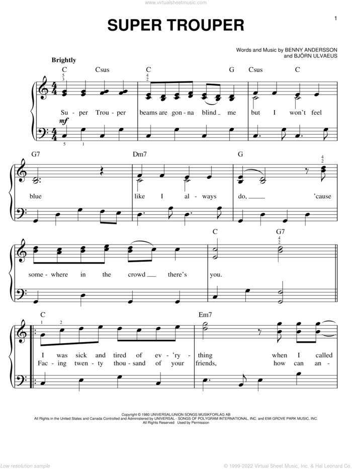 Super Trouper, (easy) sheet music for piano solo by ABBA, Mamma Mia! (Movie), Mamma Mia! (Musical), Benny Andersson and Bjorn Ulvaeus, easy skill level